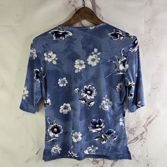 Vintage Top Womens Medium Blue Y2K Floral Blouse Cropped Shirt Slinky Wet Look - Picture 5 of 10